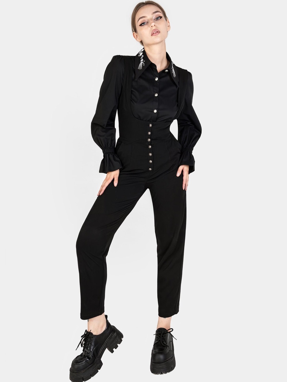 Disturbia Tempora Embroidered Button Up Shirt in Black US 4 / UK 8 - Picture 10 of 12